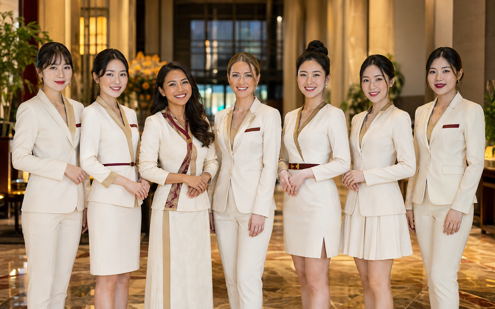 Seven visually distinct adult Scott luxury hosts in coordinated ivory uniforms